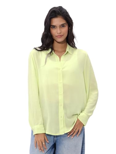The Souled Store Textured Shirt: Light Lime Women and Girls Long Sleeve Collared Neck Button Down Boyfriend Shirts Womens Shirts