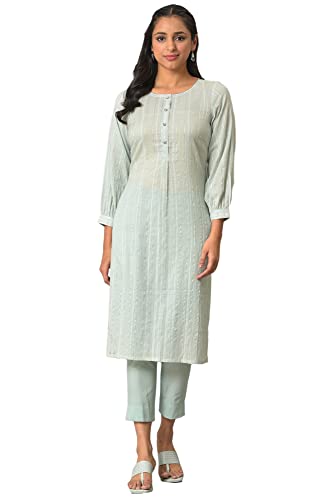 Aurelia Women Aqua Green Leno Stripe Kurta