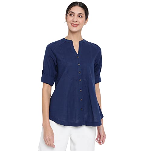 Fabindia Women Slub Chinese Collar Tunic Cotton_S Blue