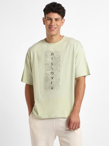 Nobero MenS Graphic Oversized Fit T-Shirt (1M-Twrt-C0869-X_Aloe Green/Black