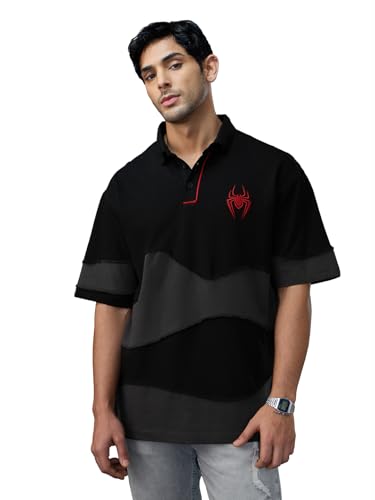 The Souled Store Spider-Man: Miles Morales Men and Boys Short Sleeves Collared Neck Button Front Black Embroidered Cotton Oversi