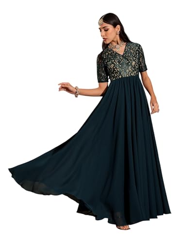 Miss Chase WomenS Teal V-Neck Half Sleeve Self Designed Wrap Georgette Maxi Dress (Mcss25D92-33-83-03, Teal, S)