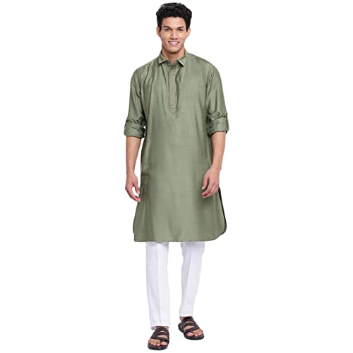 Fabindia Men Viscose Silk Woven Pathani Green_Xl
