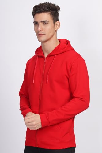ADRO Men's Cotton Neck Hooded Sweatshirt (ZH24-PLN-RD_Red