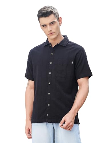 Thomas Scott Mens | Stripes | Seer Sucker Fabric | Spread Collar | Half Sleeve | Casual | Shirts for Men Black