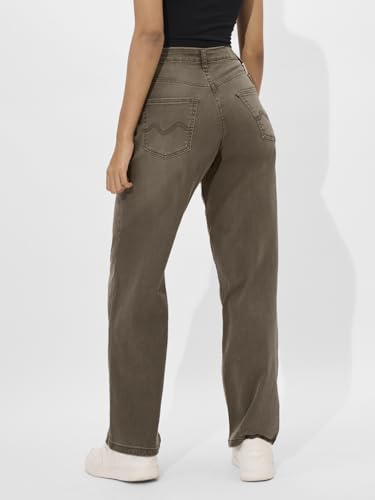 The Souled Store Solids: Faded Brown Straight Fit Wide Leg Cotton Blend Jeans for Women and Girls - Embrace Comfort and Style in