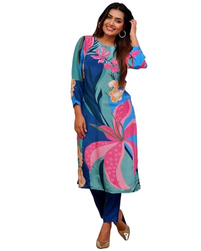 ANNI DESIGNER Womens Cotton Blend Straight Printed Co-Ord Set (Yup Blue Co-Ord_L_Blue_Large), Kurta Set