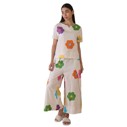 Sweet Dreams Women Printed Pyjama Set Cream