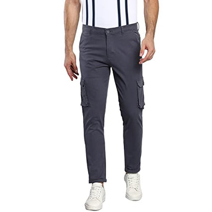 Dennis Lingo MenS Casual Solid Cotton Tapered Fit Mid Rise Ankle Length Multi-Pocket Stretchable Cargo Pant/Trousers (Steel Gre