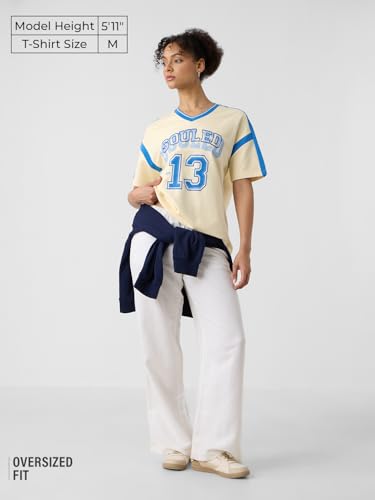 The Souled Store Varsity Women and Girls Short Sleeves V Neck Off White Graphic Printed Cotton Oversized T-Shirts