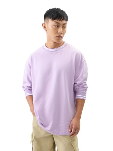 The Souled Store Solids: Pale Purple Men And Boys Round Neck Cotton Oversized Full Sleeve T-Shirts