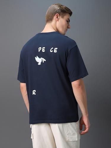 Bewakoof MenS Printed 100% Cotton T-Shirt - Oversized Fit, Round Neck, Half Sleeves Blue