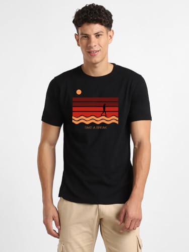 Nobero MenS Graphic Regular Fit T-Shirt (1M-Twts-C0701_Black/Marine