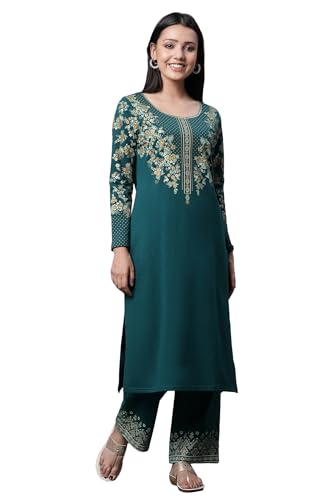 Aurelia Green Floral Printed Ethnic Kurta And Palazzo Winter Set (Size: L)-23Noas14726-507370