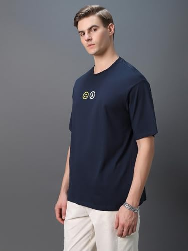 Bewakoof MenS Printed 100% Cotton T-Shirt - Oversized Fit, Round Neck, Half Sleeves Blue