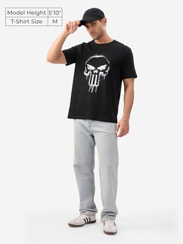 The Souled Store Official Punisher: Classic Logo Men And Boys Short Sleeves Round Neck Black Graphic Printed Regular Fit Cotton