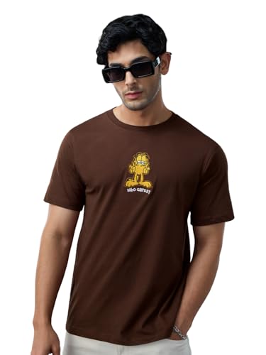 The Souled Store Garfield: Who Cares Men and Boys Short Sleeves Round Neck Brown Embroidered Regular Fit Lightweight Everyday Ca