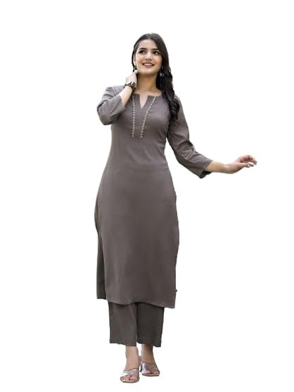 Varanga Women Taupe Crepe Round Neck Kurta with Bottom, Three-Quarter Sleeves, Straight Cut, Side Slit, Tonal Bottom