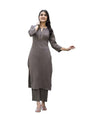 Varanga Women Taupe Crepe Round Neck Kurta with Bottom, Three-Quarter Sleeves, Straight Cut, Side Slit, Tonal Bottom