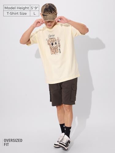 The Souled Store Warrior Soul Men And Boys Short Sleeves Round Neck Yellow Graphic Printed Cotton Oversized T-Shirts