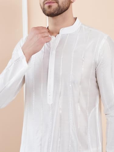 See Designs Men Full Sleeve Sleeve Side Slit Mandarin Collar Off White Sequins Embroidered Chanderi Silk Straight Kurta With Pyj