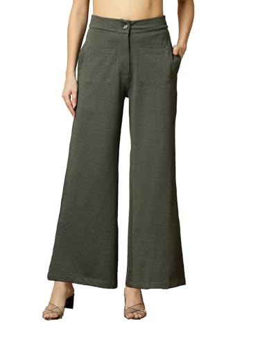 OOMPH! High Waist Trousers for Women  Flared Korean Style Formal Pants | Elegant Workwear for Office, College & Events Olive Gre
