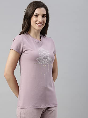 Enamor Essentials Womens Short Sleeve Crew Neck Slim Fit Breathable Stretch Cotton Tee With Graphic - E147(E147-Mauve Pink / Ha