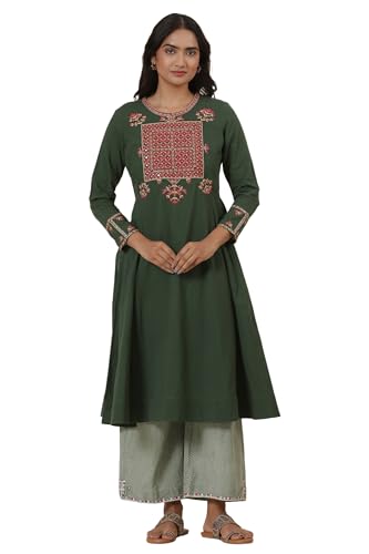 W for Woman Folksong Green Festive Solid Cotton Flared Kurta