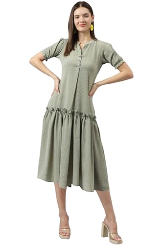 Toochki WomenS Olive Green Georgette Stripe Fit & Flared Western Dress | Dress For Women | A Line Dress | Winter Dress | Wester