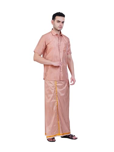 Prakasam Cotton-Mens Art Silk Wedding Set/Art Silk 8 Mulam (8-Yard) Dhoti And Stitched Full Sleeve Shirt
