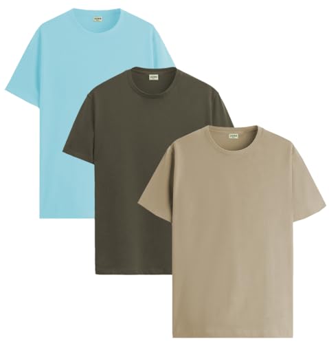 ADRO Men's Solid Regular Fit T-Shirt (RCM3-PLN-MI-OL-BE_Mint,Olive,Beige