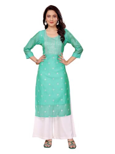 rangita Sea Green Viscose Blend StraightEmbroidered Calf Length Kurti | Kurta for Women