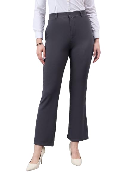 Style Quotient Women Solid Grey Self Design Polyester Formal Trouser