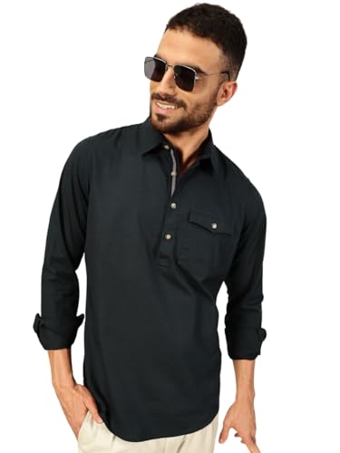 Thomas Scott Men Solid Cotton Linen Kurta Shirt (Ts1531_Navy, M)
