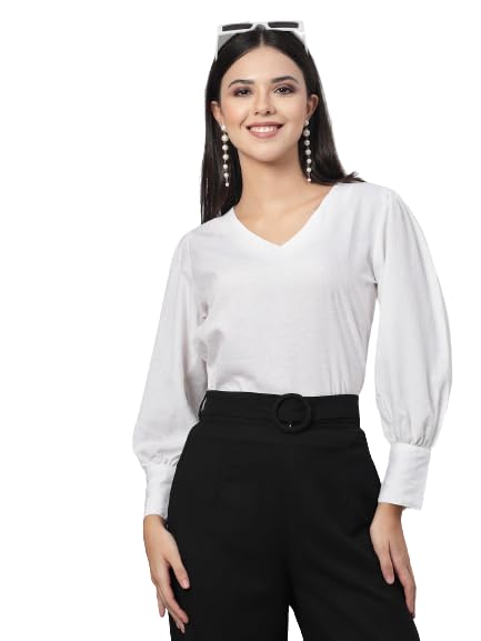 Style Quotient Women White Self Design Polyester Regular Smart Casual Top