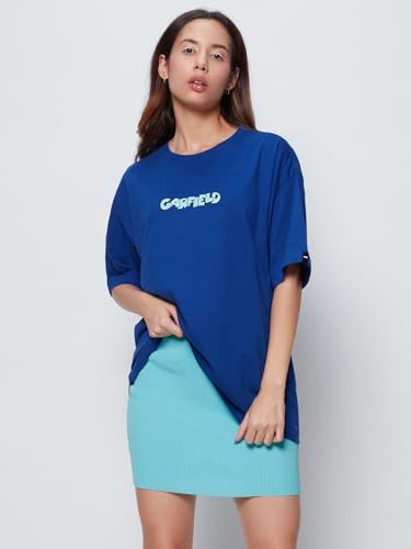 Bewakoof X Official Garfield Merchandise Womens Lazy Garfield Graphic Printed 100% Cotton T-Shirt - Oversized Fit, Round Neck,