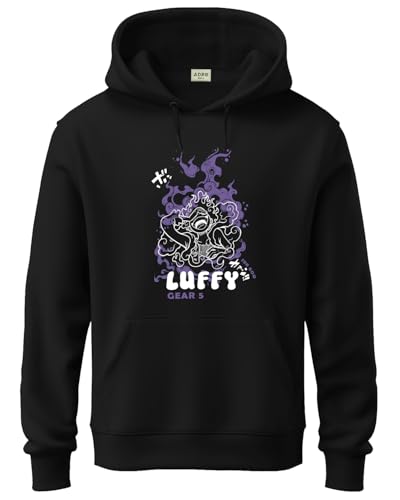 ADRO Men's Cotton Blend Neck Hooded Sweatshirt (H24-LUFFY-BL_Black