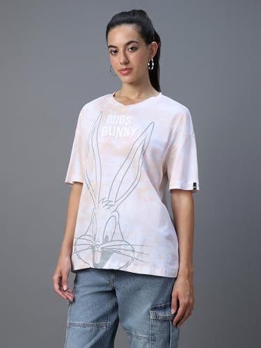 Bewakoof Official Looney Tunes Merchandise Womens Graphic Printed Oversized Fit Half Sleeve V-Neck Cotton T-Shirt_ 589790 White