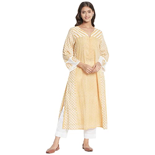 Fabindia Women Neck Hand Block Printed Cotton Long Kurta Funnel_Yellow