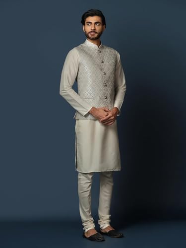 Kisah MenS Silver And Cream Kurta Jacket Churidar Set Cotton Blend, Woven Design, Full Sleeves, Straight, Regular Fit, Mandarin