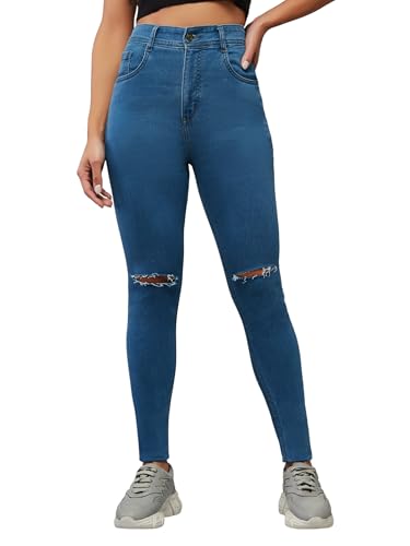 Dolce Crudo WomenS Skinny Fit High Rise Mildly Distressed Regular Stretchable Denim Jeans (Doaw23Den98-53-405-28, Yale Blue, 28)