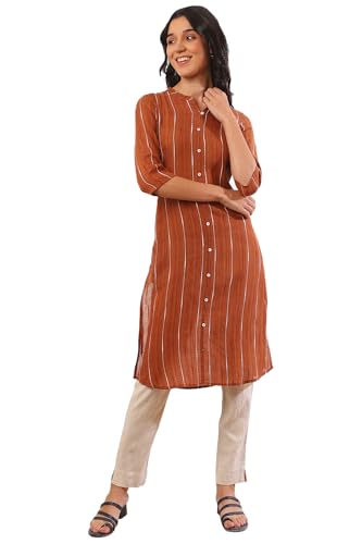 Aurelia Women's Orange Yarn Dyed Cotton Blend Straight Kurta