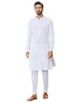 See Designs Mens Long Sleeve Mandarin Collar Side Slit White Embroidered Chikankari Pure Cotton Straight Kurta with Pyjama - SD