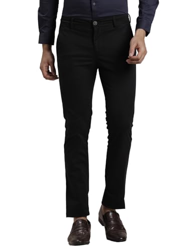 Turtle Men Cotton Stretch Ultra Slim Fit Solid Black Casual Trouser