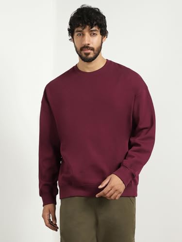 Nobero MenS Cotton Blend Crew Neck Sweatshirt (1M-Twss-R0005_Maroon