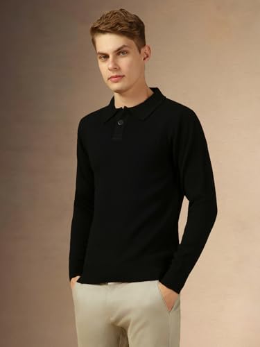Dennis Lingo Men Black Solid Slim Fit Full Sleeve Polo Pullover