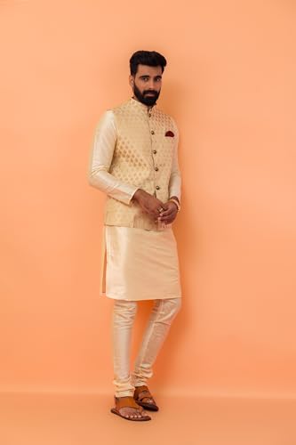Kisah Men Red Layered Kurta Churidar With Nehru Jacket, Full Sleaves, Knee Length, Straight, Regular Fit, Mandarin Collar Ethnic