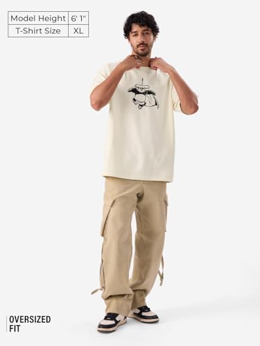 The Souled Store Official Kung Fu Panda: Back Off Men And Boys Short Sleeve Round Neck Off White Graphic Printed Cotton Oversize