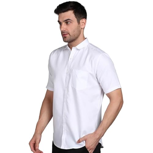 Mildin MenS Regular Cotton Blend White Slim Fit Solid Button Down Spread Collar Half Sleeve Curved Hemline Formal Shirt With On