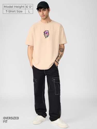 The Souled Store Bliss Men and Boys Short Sleeves Round Neck Beige Embellished Cotton Oversized T-Shirts